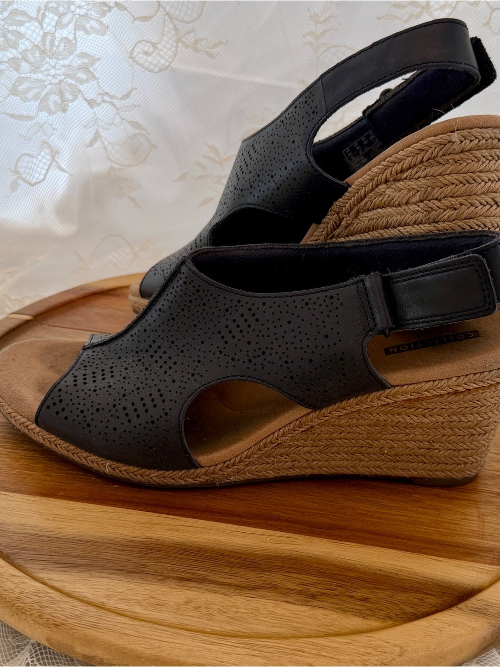 Clarks Black Perforated Leather Wedge Sandals